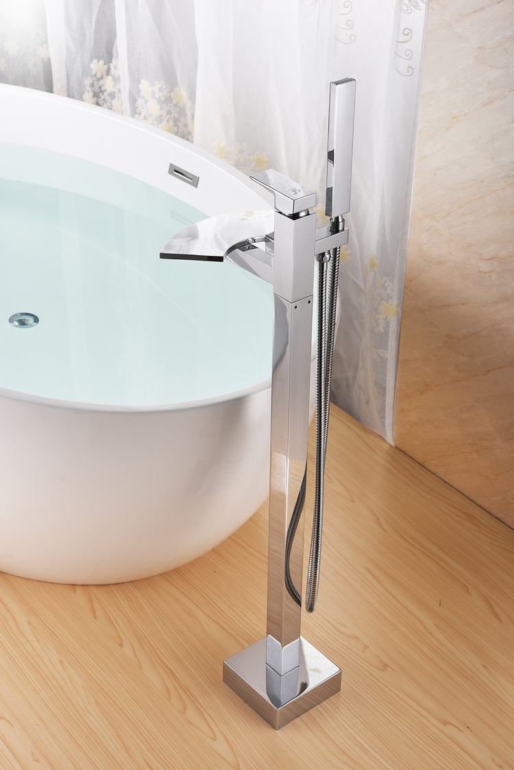 Freestanding Tub Filler Waterfall Bathtub Faucet Floor Mount Brass Bathroom Faucets with Hand Shower room