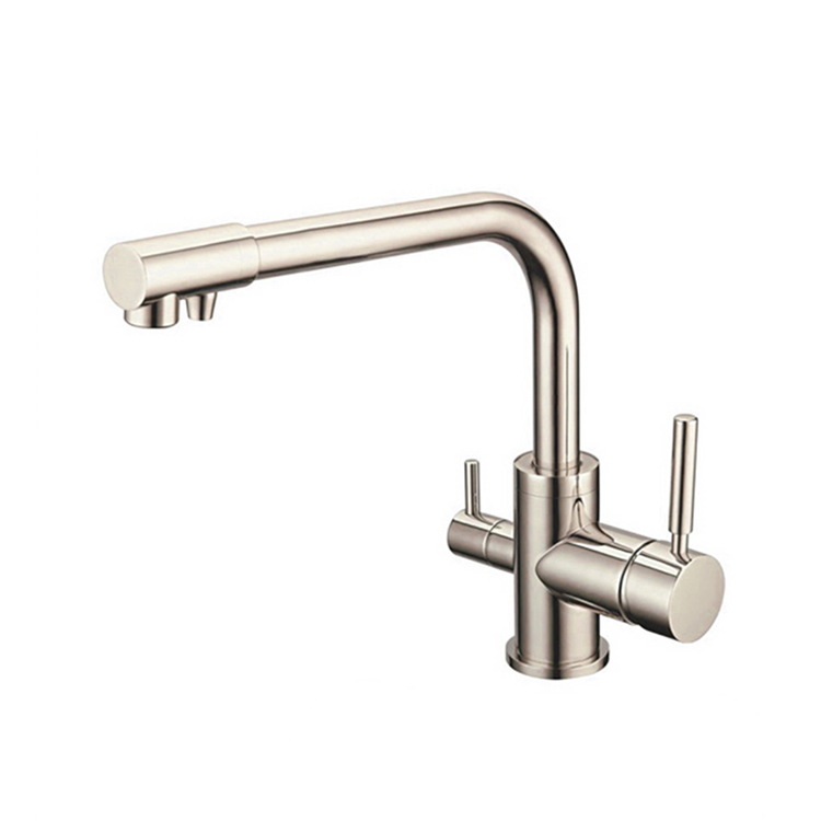 Dual Handles Three Way Drinking Water Filter Faucet Kitchen Gold Brass
