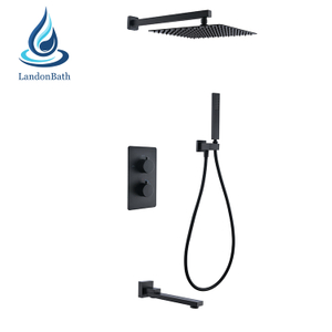 Bathroom Dual Lever Bath Thermostatic Diverter Square Concealed Black Shower Set Rain Head