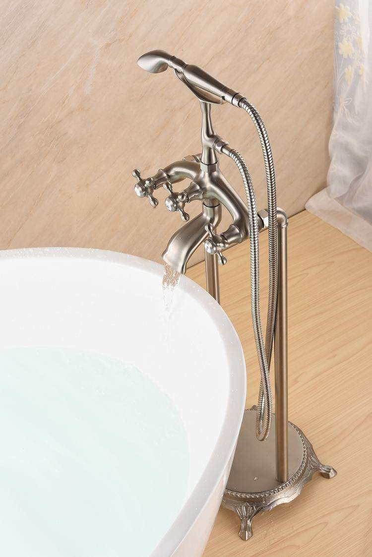 Free Standing Brushed Nickel Bathtub Faucet Triple Handle Floor Mounted Tub Sink Mixer Faucet Brass Bathroom Bath Shower Set Tap
