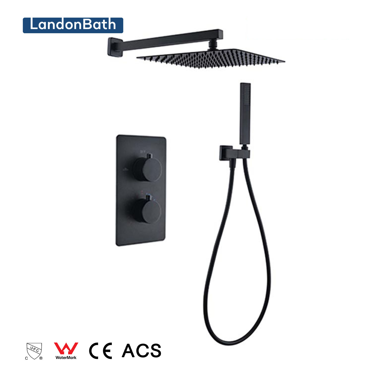 Ceiling Mount Shower System Bathroom Luxury Rain Mixer Shower Set Rainfall Shower Head with Handheld Contemporary Square Black