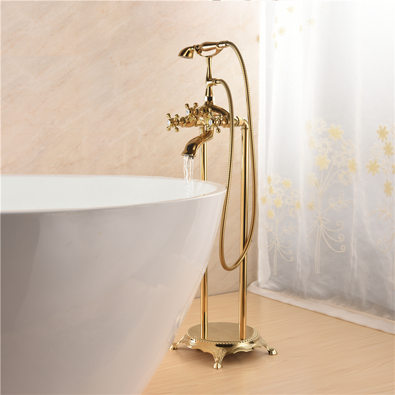 Gold Color Cast Iron Bathtub Bathroom Faucet Floor Mount Clawfoot Tub Faucet Mixer Tap Spout Shower