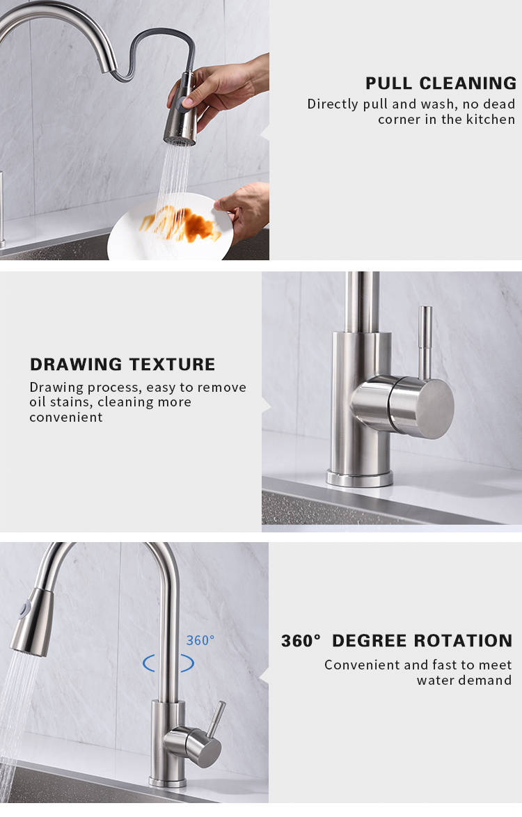 Brushed Mixer Faucet Single Hole Pull Out Spout Kitchen Sink Mixer Tap with Stream Sprayer Head