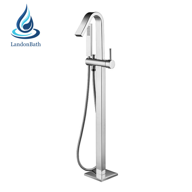 Brass Chrome Single Handle Thermostatic Floor-Mount Bathtub Faucet