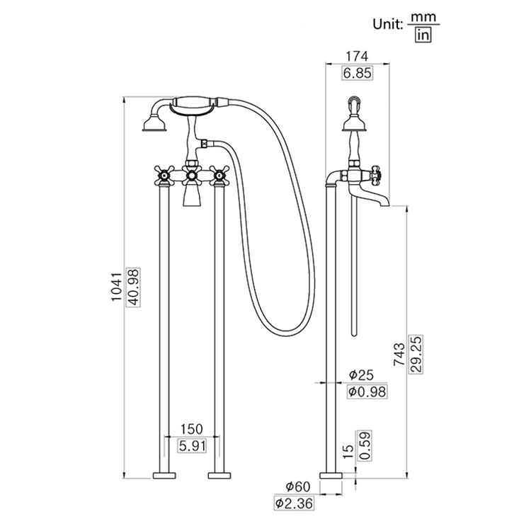 Traditional Floor Mounted Claw Foot Pillar Legs Tub Filler With Personal Handshower