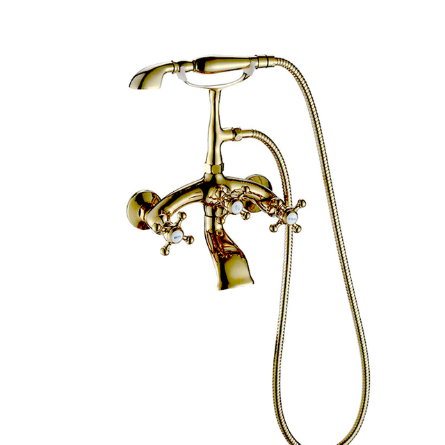 Bathroom Wall Mounted Antique Brass with Hand Shower Sprayer Cross Knob Faucet For Shower Brushed Brass