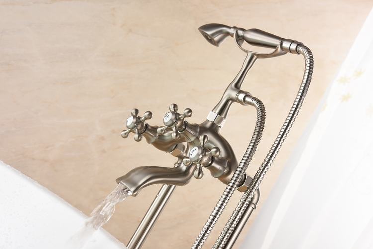 Free Standing Brushed Nickel Bathtub Faucet Triple Handle Floor Mounted Tub Sink Mixer Faucet Brass Bathroom Bath Shower Set Tap