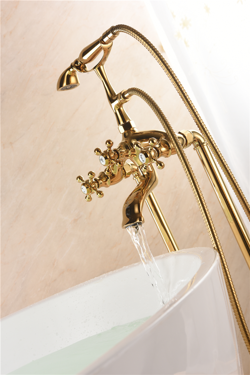 Telephone Style Floor Mounted Tub Filler with Cross Handles Include Personal Hand Shower Brass Faucet