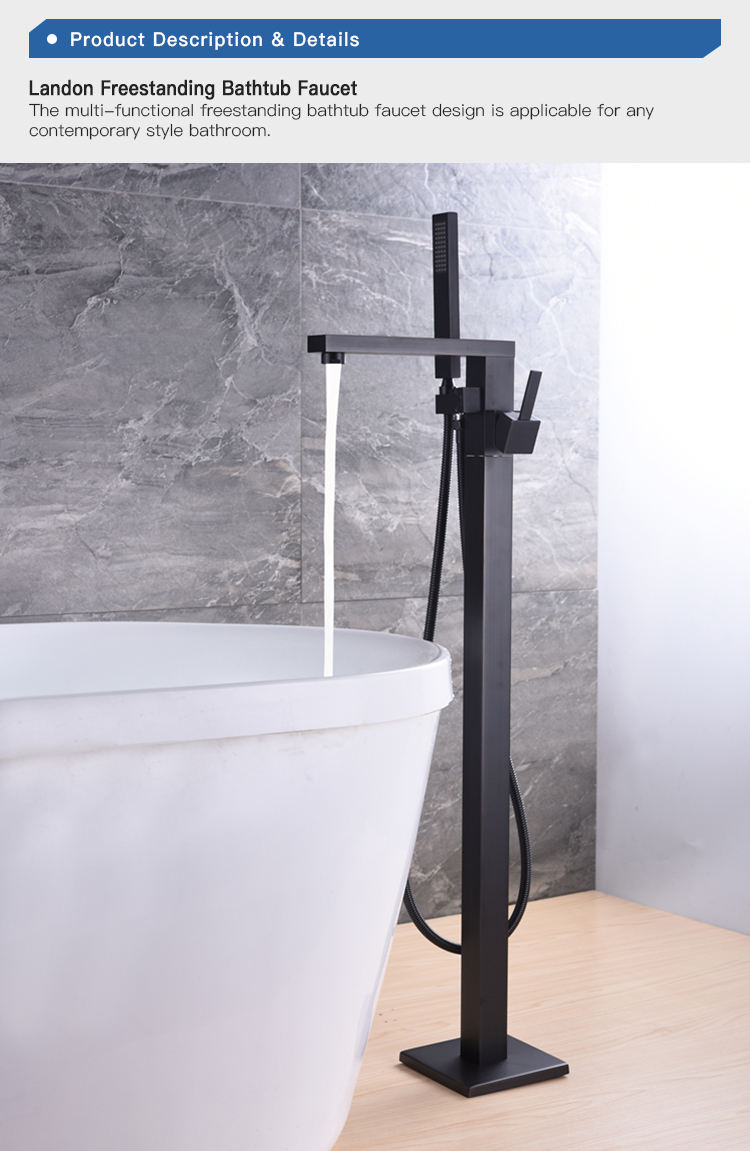 Modern Brass Matte Black Floor Stand Bath Tub Filler Shower Mixer For Bathtub