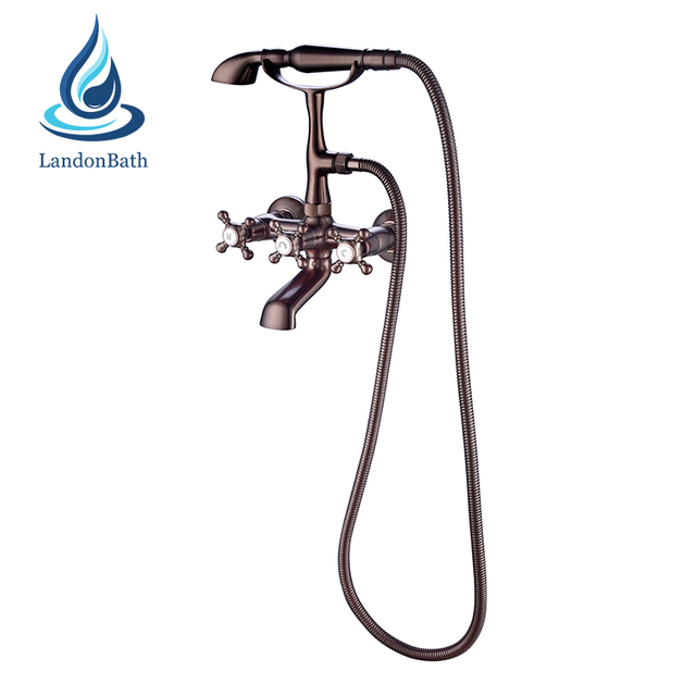 Wall Mounted Bathtub Faucet Double Handle Antique Oil Rubbed Bronze Tub Brass Shower Set Bath Bathroom Mixer