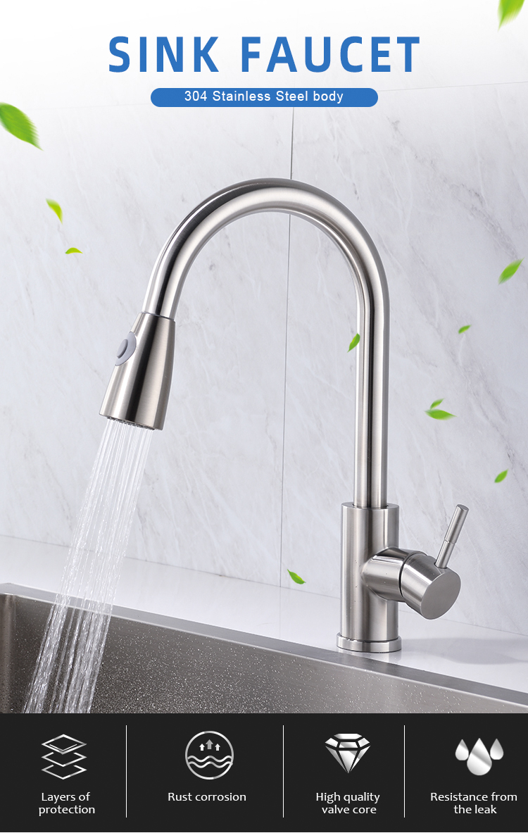 Single handle pulldown sprayer kitchen faucet stainless steel pullout kitchen basin faucet with single level handle