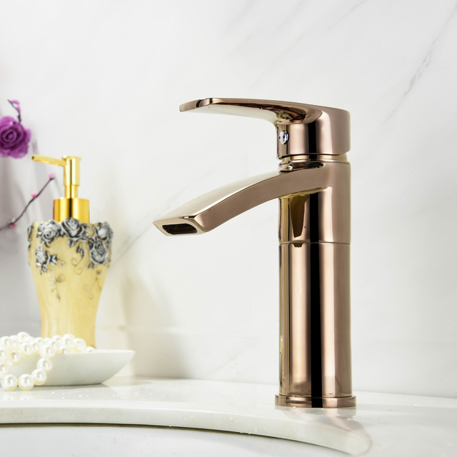 Modern Rose Gold Bathroom Brass Washbasin Faucet, Single Lever Golden Water Taps