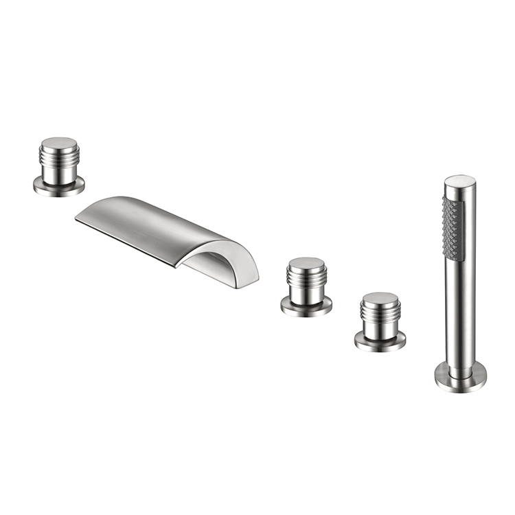 Deck Mounted Bath Shower With Hand Set Brushed Nickel Roman Mixer Whirlpool Bathtub Waterfall Faucet