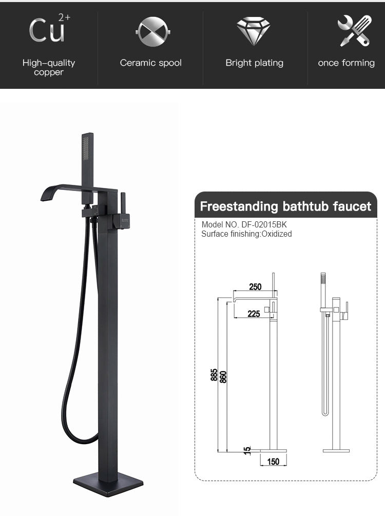 Matt Black Freestanding Bath Mixer Tap & Handheld Shower, Brass Hand Shower Waterfall Freestanding Tub Faucet Black