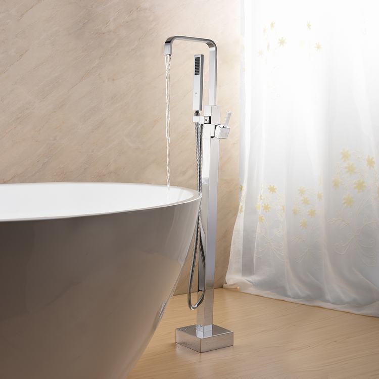 Square Chrome Bathtub Mixer Tap Brass Bathroom Copper Floor Mount Freestanding Tub Filler