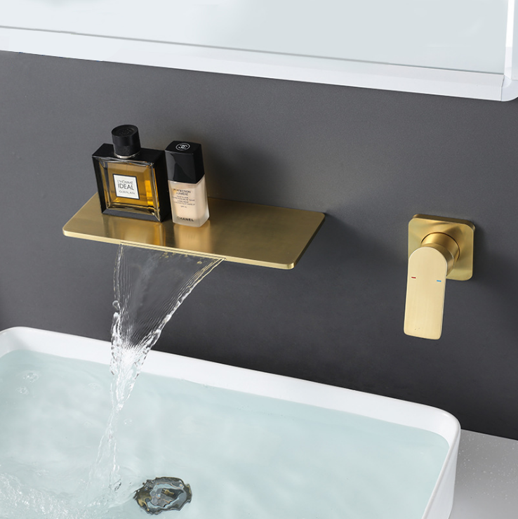 Wall Mounted Brushed Gold Bathroom Mixer Tap Waterfall Golden Basin Faucet