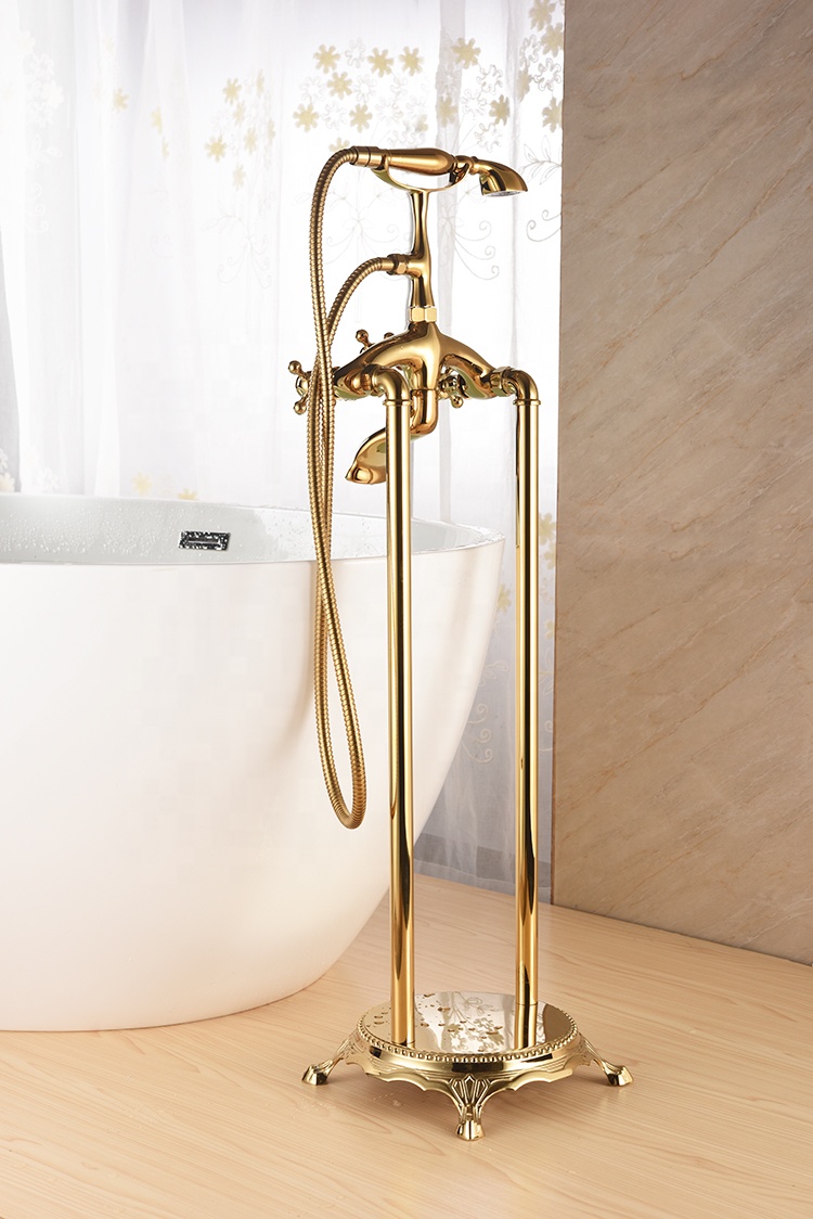 Antique Gold Triple Handle Freestanding Bath Tub Mixer Faucets Phone Style Floor Mounted Bathtub Faucet Claw Foot Tub Tap