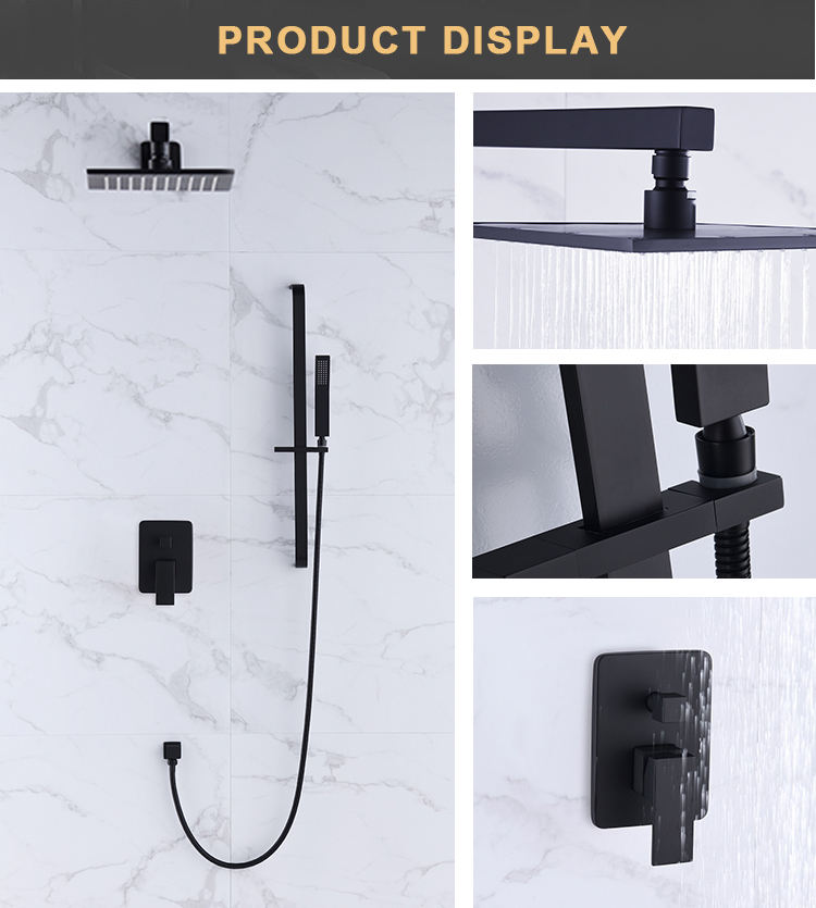 Luxury Black Bathroom Brass Two Way Bathroom Diverter Square Concealed Rain Shower Watermark Concealed Shower Head