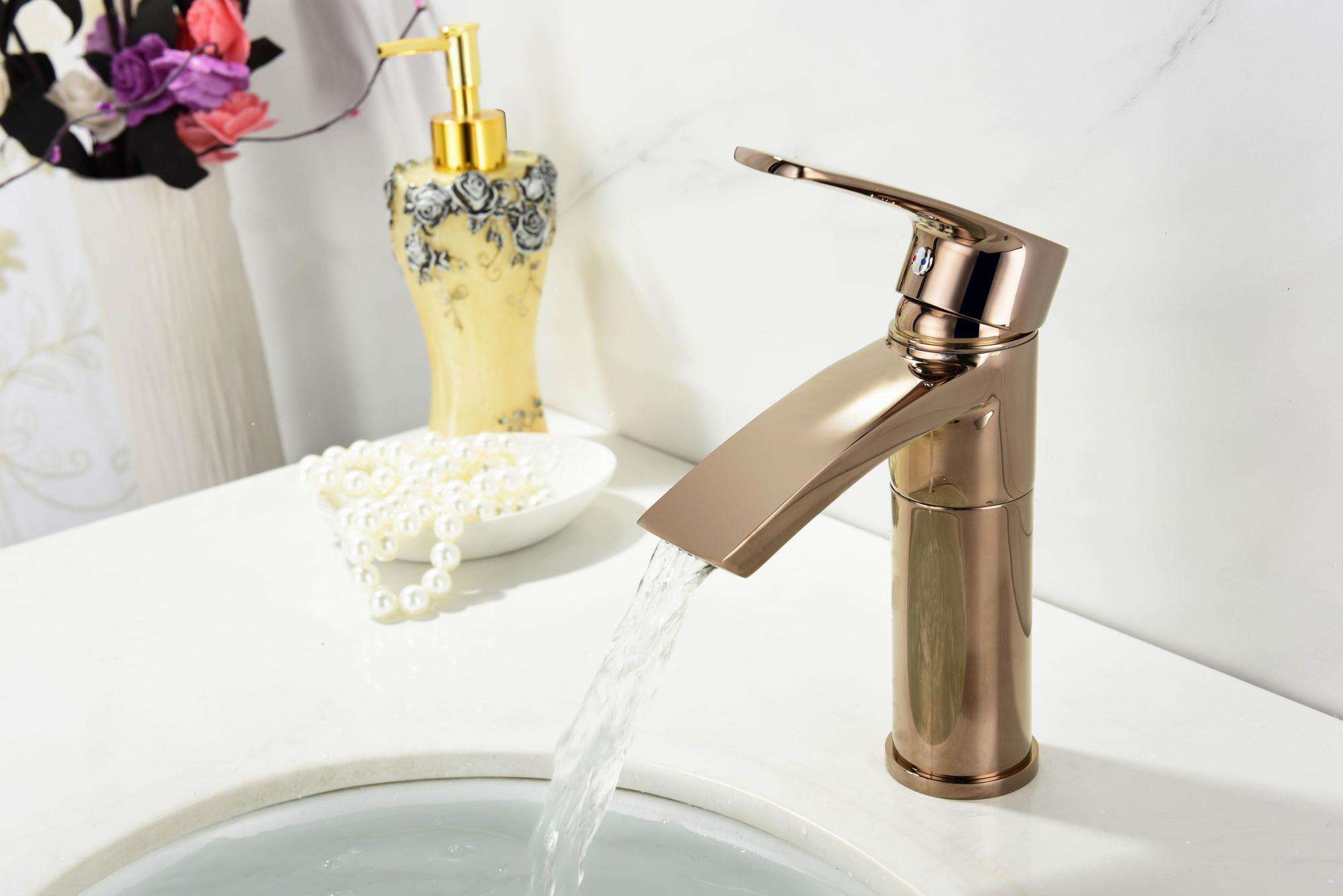 Modern rose gold bathroom brass washbasin faucet, single lever golden water taps