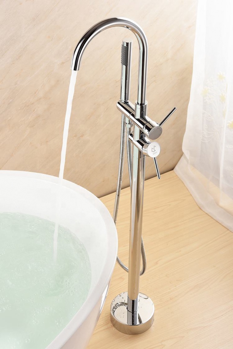 Freestanding Shower Faucet Bath Bathtub Floor Standing Mixer Dual Handle Bathroom Tub Mounted Chrome Filler