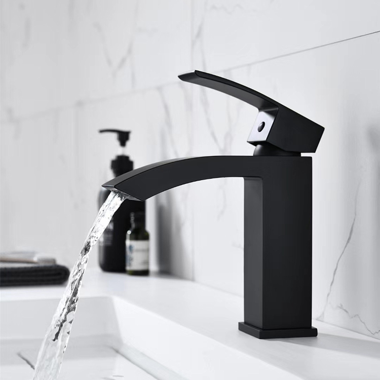 Modern China CUPC Matte Black Waterfall Bathroom Basin Water Sink Brass Mixer Faucet for Bathroom