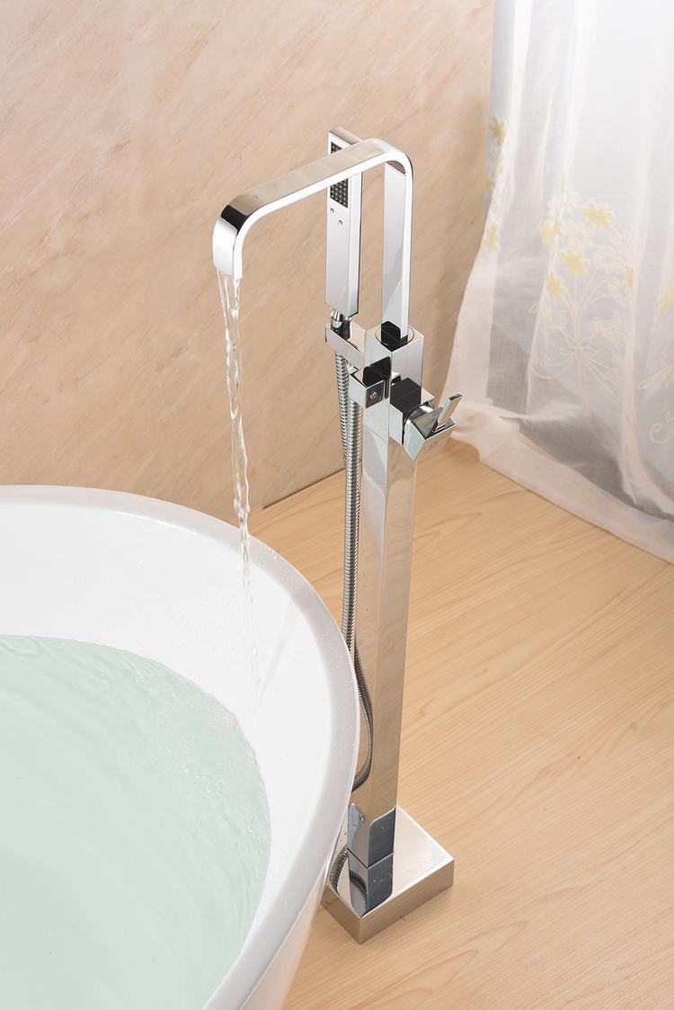 Square Chrome Bathtub Mixer Tap Brass Bathroom Copper Floor Mount Freestanding Tub Filler