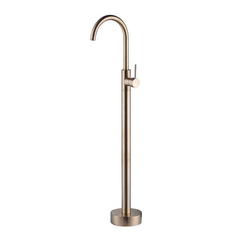Bath Brass Brushed Gold Bathtub Floor Spout Mixer Concealed Stand Faucet