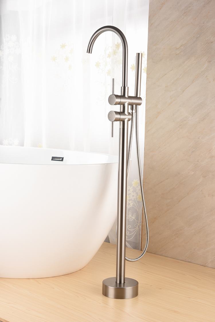 Bathroom Brass Brush Nickel Floor Mounted Tub Filler Freestanding Bath Tub Shower Faucet