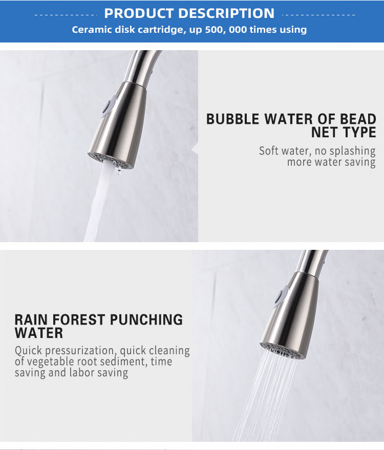 Professional Factory 304 Stainless Steel Single Hole Guangdong Kaiping Pull Out Kitchen Faucet Spray Head