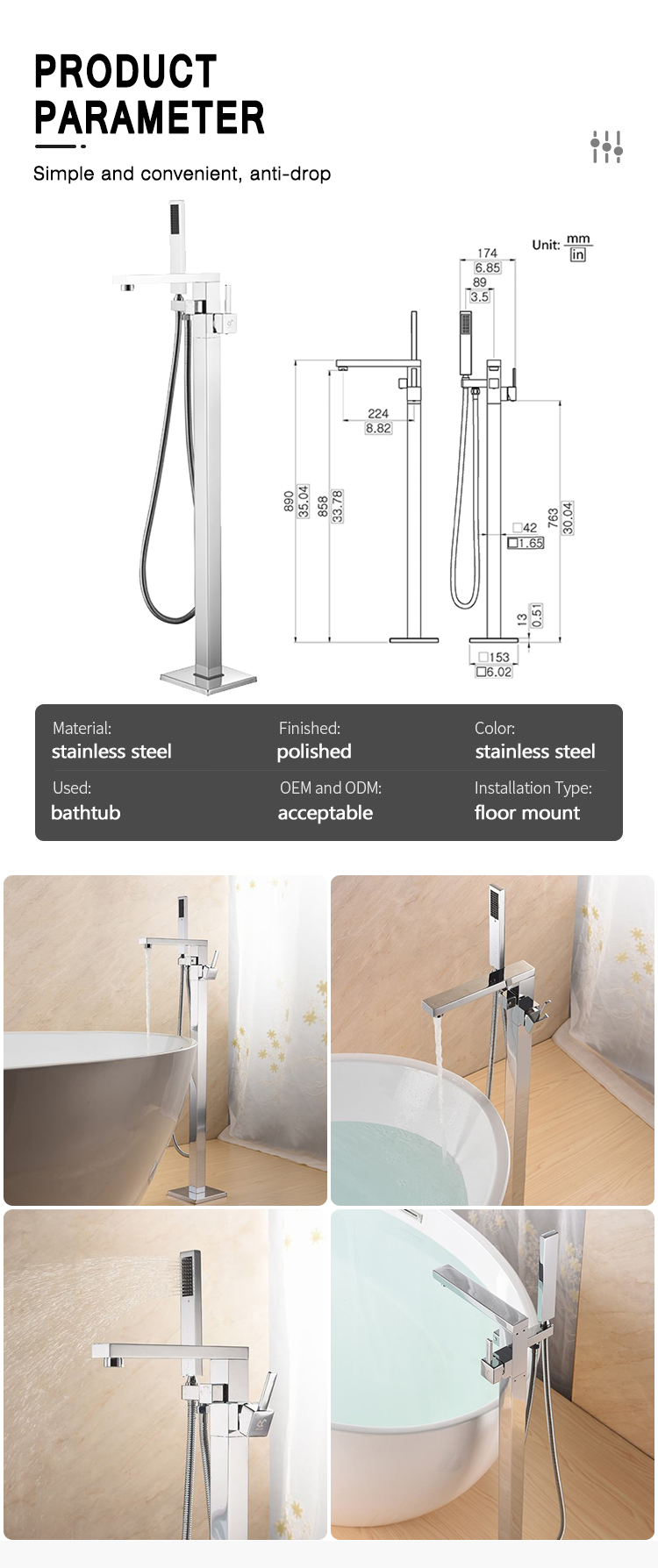 Stainless Steel Floor Standing Bathtub Faucet Bathroom Faucet