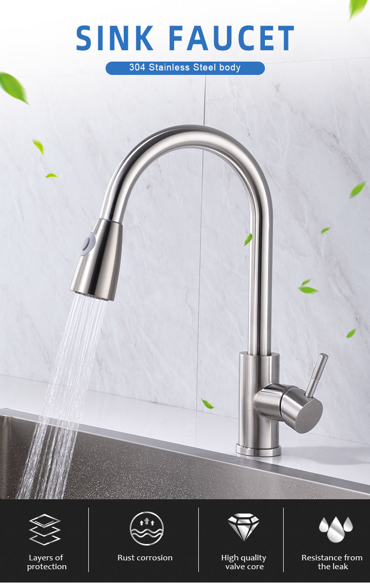 cUPC Stainless Steel Single Handle Hot And Cold Pull Out Kitchen Faucet With Sedal Cartridge