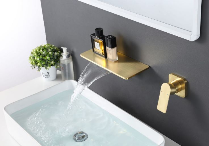 Wall Mounted Brushed Gold Bathroom Mixer Tap Waterfall Golden Basin Faucet