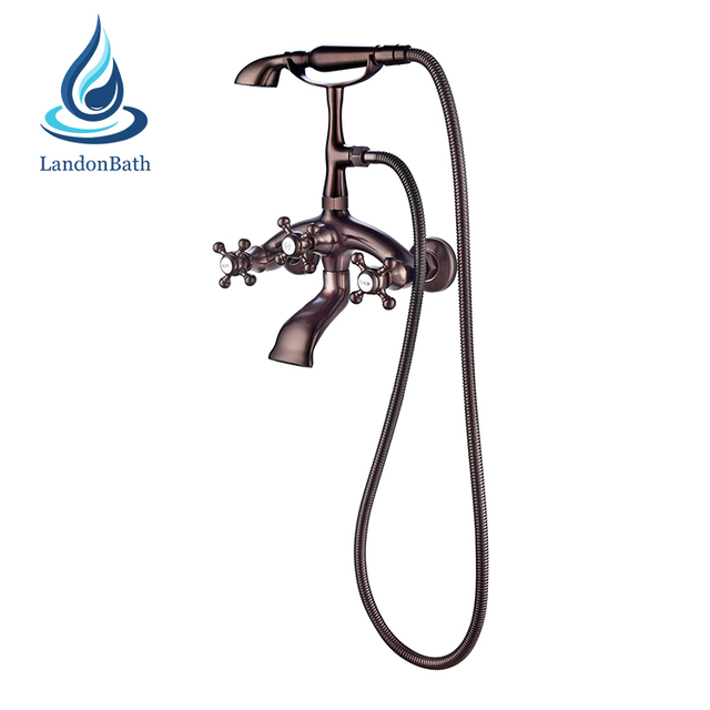 Wall Mounted Brass Bathtub Shower Mixer Tap Faucet Watermark Black Bronze Telephone Style Antique Set Mount Waterfall 2 Handle